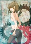  amane_suzuha ass bare_shoulders bottle braid brown_eyes brown_hair crop_top from_behind gears looking_back midriff pants solo steins;gate strap_gap tank_top twin_braids umesuki 