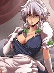  anger_vein apron black_bra blue_dress bra braid breasts cleavage dress dress_pull elbow_gloves gloves hair_ribbon izayoi_sakuya large_breasts lingerie maid maid_headdress open_mouth pulled_by_self red_eyes ribbon silver_hair solo tobisawa touhou twin_braids underwear white_gloves 