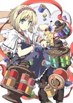  aka_ringo alice_margatroid blonde_hair blue_eyes boots bow capelet club_(shape) colorized dress hairband heart holding_needle itoo needle open_mouth pantyhose ribbon scissors short_hair solo spade_(shape) thread touhou 