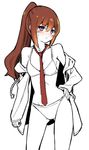  :&lt; alternate_hairstyle bare_shoulders bikini blush brown_hair clothes_down hand_on_hip looking_at_viewer makise_kurisu misti necktie off_shoulder partially_colored ponytail purple_eyes red_neckwear simple_background solo standing steins;gate sweatdrop swimsuit white_background 