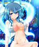  blue_eyes blue_hair blush bottomless breasts breasts_apart covered_nipples hair_ornament hair_rings hair_stick kaku_seiga kamelie large_breasts naked_vest navel nipple_tweak no_bra short_hair smile solo touhou vest 