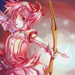 aiming arrow bad_id bad_pixiv_id bow bow_(weapon) choker drawing_bow gloves hair_bow haruhikohiko holding holding_arrow holding_bow_(weapon) holding_weapon kaname_madoka magical_girl mahou_shoujo_madoka_magica outstretched_arm pink_eyes pink_hair puffy_sleeves short_twintails solo twintails weapon white_gloves 