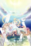  bare_shoulders barefoot bishoujo_senshi_sailor_moon blonde_hair blue_eyes crescent_moon double_bun dress facial_mark flower forehead_mark frills full_body gown hair_flower hair_ornament hairpin highres kaminary long_hair moon pillar princess princess_serenity puffy_sleeves serious solo staff tsukino_usagi twintails 