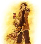  1girl aiming aiming_at_viewer alvin_(tales) black_eyes black_gloves black_hair brown_dress brown_hair coat cravat creature dress elize_lutus frills gloves gun height_difference long_hair monochrome noonoo pants protecting sepia serious spot_color tales_of_(series) tales_of_xillia teepo_(tales) weapon yellow yellow_eyes 