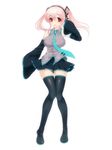  bad_id bad_pixiv_id breasts cosplay detached_sleeves hatsune_miku hatsune_miku_(cosplay) headphones large_breasts necktie nitroplus pink_hair rabbit19 red_eyes simple_background skirt smile solo super_sonico thighhighs twintails vocaloid zettai_ryouiki 