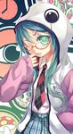  aqua_eyes aqua_hair bespectacled clenched_teeth glasses hair_ornament hairclip hatsune_miku hood hoodie long_hair mikage_sekizai necktie one_eye_closed skirt solo teeth vocaloid 