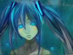  aqua_eyes aqua_hair bare_shoulders eyelashes glowing glowing_eyes hatsune_miku hikaru_(asteriskring) long_hair ribbon solo tears very_long_hair vocaloid 