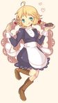  :q ahoge apron bad_id bad_pixiv_id blonde_hair boots braid cake food fork green_eyes harvest_moon harvest_moon_animal_parade harvest_moon_tree_of_tranquility maya_(harvest_moon) solo suzusi tongue tongue_out twin_braids 