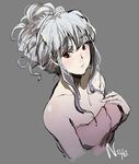  bad_id bad_pixiv_id bare_shoulders blush hair_up hand_on_own_chest idolmaster idolmaster_(classic) looking_at_viewer naye red_eyes shijou_takane silver_hair simple_background sketch solo towel upper_body 