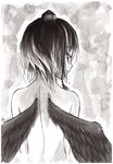  back bad_id bad_pixiv_id black_wings chunyan expressionless from_behind hat highres looking_at_viewer looking_back monochrome nib_pen_(medium) nude shameimaru_aya short_hair signature solo tears tokin_hat touhou traditional_media upper_body wings 
