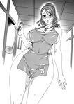  anjou_naruko ano_hi_mita_hana_no_namae_wo_bokutachi_wa_mada_shiranai. apron areola_slip areolae bare_legs breasts cleavage covered_nipples curvy earrings fei_(maidoll) greyscale groin hair_up highres hips impossible_clothes jewelry large_breasts long_hair monochrome naked_apron necklace no_bra no_panties pussy_juice solo standing thick_thighs thighs wide_hips 