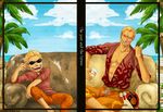  abs bad_id bad_pixiv_id blonde_hair cigarette collarbone donquixote_doflamingo dual_persona glass male_focus one_piece open_clothes open_shirt palm_tree shirt short_hair skytravels smile smoking sunglasses tree watermark younger 