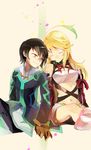  1girl bad_id bad_pixiv_id black_hair blonde_hair brown_eyes closed_eyes elbow_gloves gloves gradient_hair green_hair holding_hands hyakuhachi_(over3) jude_mathis long_hair midriff milla_maxwell multicolored_hair navel skirt strapless tales_of_(series) tales_of_xillia tubetop 