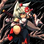  animal_ears detached_sleeves fingerless_gloves gloves hat inubashiri_momiji isoroku_(gojuuroku) mask red_eyes short_hair silver_hair skirt smile solo sword tengu tengu_mask tokin_hat touhou tree_branch weapon wolf_ears 