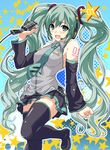  absurdres bare_shoulders boots detached_sleeves fang green_eyes green_hair hatsune_miku headset highres long_hair looking_at_viewer marushin_(denwa0214) microphone necktie open_mouth skirt smile solo star thigh_boots thighhighs twintails very_long_hair vocaloid zettai_ryouiki 