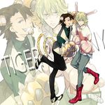  anger_vein animal_ears bad_id bad_pixiv_id barnaby_brooks_jr blonde_hair boots brown_hair bunny_ears bunny_tail extra_ears facial_hair glasses gloves green_eyes jacket jewelry kaburagi_t_kotetsu kemonomimi_mode male_focus multiple_boys necklace necktie paw_gloves paws r-01 red_eyes red_jacket standing standing_on_one_leg stubble tail tiger_&amp;_bunny tiger_ears tiger_tail vest waistcoat zoom_layer 
