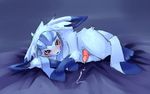  blue blue_fur blush canine cum eeveelution fox fur glaceon kosian looking_at_viewer lying male mammal nintendo penis pok&#233;mon pok&eacute;mon purple_eyes sheets solo video_games 