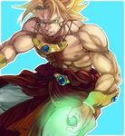  angry aqua_eyes broly bruise dragon_ball dragon_ball_z earrings energy_ball halu-ca highres injury jewelry male_focus muscle necklace simple_background solo spiked_hair super_saiyan teeth 