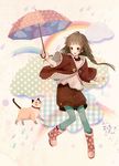  blush boots braid brown_eyes brown_hair cat cloud collar jewelry long_hair necklace open_mouth original pantyhose rainbow rubber_boots safety_pin shorts siro smile solo twin_braids twintails umbrella 