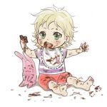  baby bad_id bad_pixiv_id barnaby_brooks_jr bib blonde_hair child chocolate male_focus rio_2011 simple_background solo stuffed_animal stuffed_bunny stuffed_toy tiger_&amp;_bunny white_background younger 