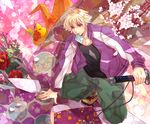  bad_id bad_pixiv_id blonde_hair cherry_blossoms ivan_karelin jacket kan-pachi katana letterman_jacket male_focus mouth_hold origami paper paper_crane purple_eyes purple_jacket solo sword tiger_&amp;_bunny weapon 