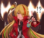  3girls black_gloves blonde_hair coat commentary eyes_visible_through_hair fingerless_gloves gloves grin hair_over_one_eye hair_ribbon idol jyon key long_coat long_hair long_sleeves looking_at_viewer microphone multicolored_hair multiple_girls nikaidou_saki open_clothes orange_eyes pointing pointing_at_viewer ponytail red_coat ribbon sailor_collar school_uniform serafuku side_ponytail silhouette smile solo_focus stage stage_lights streaked_hair tamagotchi upper_body very_long_hair white_neckwear zombie_land_saga 