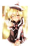  blonde_hair blown_kiss blush hand_on_own_knee hat heart kazetto leaning_forward lunasa_prismriver one_eye_closed outstretched_hand shirt short_hair skirt skirt_set solo touhou yellow_eyes 