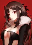  bangs black_choker black_coat black_hair breasts choker cleavage coat collarbone commentary_request consort_yu_(fate) ear_piercing eyelashes fate/grand_order fate_(series) fur_trim head_tilt highres long_hair long_sleeves looking_at_viewer medium_breasts open_clothes open_coat parted_lips piercing red_background red_eyes revealing_clothes rko_(a470350510) sidelocks solo upper_body 