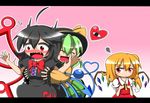  ahoge arms_up ascot asymmetrical_wings black_dress black_hair blonde_hair blush breast_envy breast_grab breasts chibi closed_eyes dress fang feiton flandre_scarlet grabbing green_hair hat heart heart_of_string houjuu_nue jealous komeiji_koishi letterboxed medium_breasts multiple_girls no_hat no_headwear open_mouth red_eyes shirt side_ponytail skirt smile stage_connection surprised surprised_arms third_eye touhou wavy_mouth wings 