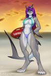  4_toes anthro barefoot beach bikini blue_eyes breasts cleavage clothed clothing collaboration cute digitigrade female fin fingerless_gloves fish gills gloves grey_skin hair hand_on_hip lifeguard long_hair marine navel orange04 paws playful pose purple_hair rei rei_(shark) sand sea seaside shark skimpy sky sling_bikini smile solo standing strype sunset swimsuit thick_thighs tight_clothing two_tone_skin water 