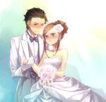  1girl bare_shoulders black_hair blue_eyes blush bouquet bow bowtie collarbone couple dress flower gloves hair_up hetero highres holding_hands jewelry makise_kurisu misti necklace okabe_rintarou short_hair steins;gate strapless strapless_dress sweatdrop tuxedo wavy_mouth wedding_dress yellow_eyes 