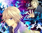  blonde_hair blue_fire fire formal green_eyes grey_hair hideko4549 ivan_karelin jacket letterman_jacket long_hair male_focus multiple_boys necktie purple_eyes purple_jacket suit tiger_&amp;_bunny yuri_petrov 