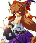  ahoge belt bow brown_hair chain cuffs dr._cryptoso gourd hair_bow highres horn_ribbon horns ibuki_suika lens_flare long_hair open_mouth red_eyes ribbon shackles slit_pupils solo touhou 