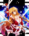  arm_up armpits blonde_hair bow breasts christmas cleavage detached_sleeves garter_straps gradient_hair hair_bow hand_on_own_chest kannazuki_no_miko kurusugawa_himeko large_breasts long_hair multicolored_hair purple_eyes santa_costume solo sparkle thighhighs tsurugi_hikaru zettai_ryouiki 