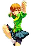  aosa_(momikin) bike_shorts brown_eyes brown_hair buttons fighting_stance jacket kung_fu martial_arts persona persona_4 pleated_skirt satonaka_chie short_hair skirt smiley_face socks solo track_jacket zipper 