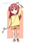  akaza_akari akkari~n alternate_hairstyle child double_bun kinosuke_(sositeimanoga) long_hair red_hair shoes shorts smile socks solo twig younger yuru_yuri 