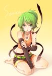  arm_warmers bare_shoulders barefoot belt breasts character_name cleavage earrings full_body gloves green_hair jewelry kneeling medium_breasts rojiko seiza shorts side_ponytail simple_background sitting solo sonika star strap typo vocaloid 