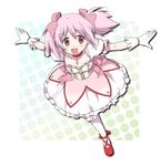  bow bubble_skirt choker ekra gloves hair_bow kaname_madoka kneehighs magical_girl mahou_shoujo_madoka_magica open_mouth pink_eyes pink_hair puffy_sleeves running short_twintails skirt solo twintails white_gloves white_legwear 
