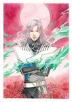  blue_eyes cape email555 fire flower full_moon green_fire grey_hair long_hair lunatic_(tiger_&amp;_bunny) male_focus millipen_(medium) moon red_moon solo spider_lily superhero tiger_&amp;_bunny traditional_media watercolor_(medium) yuri_petrov 