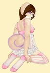  anthro breasts brown_hair camisole canine digitigrade female hair kneeling legwear looking_at_viewer looking_back looking_over_shoulder mammal multi_breast nightgown nipples pawpads paws pinup plain_background pose purple_eyes simple_background skirt solo stockings stripes translucent 