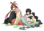  1girl bad_id bad_pixiv_id baggy_pants barefoot black_hair braid chinese_clothes hair_ornament hair_rings jewelry judal long_hair looking_at_viewer magi_the_labyrinth_of_magic midriff open_mouth pants red_eyes red_hair ren_kougyoku simple_background single_braid smile yellow_eyes yousuke_(sekizome) 