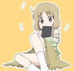  bad_id bad_pixiv_id bare_shoulders bra brown_eyes brown_hair brown_skirt covering covering_breasts flying_sweatdrops lingerie nichijou off_shoulder sakurai_izumi short_hair simple_background sitting skirt socks solo sweat tears underwear yasunao_(yasunao-z) 