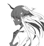  :/ annoyed bat_wings frown greyscale head_wings koakuma long_hair looking_back monochrome pointy_ears profile rararanago red_eyes simple_background solo spot_color touhou upper_body white_background wings 