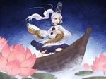  bad_id bad_pixiv_id boat flower grey_eyes hat japanese_clothes lily_pad long_hair lotus mononobe_no_futo ponytail ship silver_hair skirt smile solo tate_eboshi touhou urin water watercraft white_hair yellow_eyes 