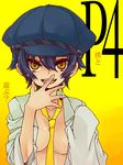  bad_id bad_pixiv_id between_breasts black_hair breasts cabbie_hat dark_persona hat labcoat necktie open_clothes open_shirt persona persona_4 sayu030b shirogane_naoto shirt solo yellow_eyes 