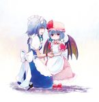  apron bat_wings blue_dress blue_hair braid closed_eyes dress holding_hands izayoi_sakuya kneeling maid multiple_girls open_mouth pink_dress red_eyes remilia_scarlet smile suzune_yuuji touhou twin_braids wings 