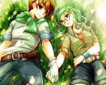  1girl belt brown_eyes brown_hair couple glasses gloves green_eyes green_hair hair_ornament hairclip harvest_moon harvest_moon_tree_of_tranquility hetero holding_hands kevin_(harvest_moon) phoebe_(harvest_moon) purin0505 wristband 