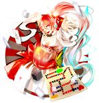  alternate_costume card dice falling_card gradient_hair hatsune_miku headphones lento_(water) long_hair multicolored_hair playing_card solo very_long_hair vocaloid 