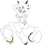  breasts caprica corset demon ear_piercing earring female goat hooves horn hybrid line_art looking_at_viewer markings multiple_tails niis nipples piercing pinup plain_background pose purple_eyes raised_arm simple_background sitting solo tail tauro 