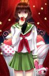  apple bad_id bad_pixiv_id bandages bed bob_cut brown_eyes brown_hair curtains doll food fruit mawaru_penguindrum object_namesake oginome_ringo pleated_skirt school_uniform serafuku short_hair skirt solo star yukichi_(rengeron) 